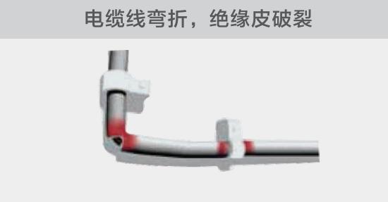 在安裝過(guò)程中，由于電線的彎曲半徑過(guò)小，或是線夾過(guò)緊，導(dǎo)致線纜絕緣皮破裂，產(chǎn)生電弧隱患